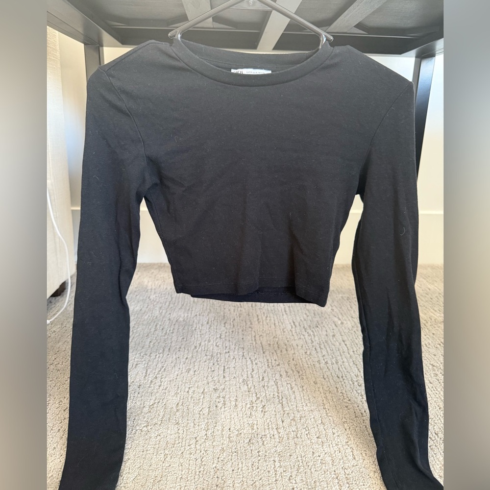 Zara Black Long Sleeve Fitted Crop Tee